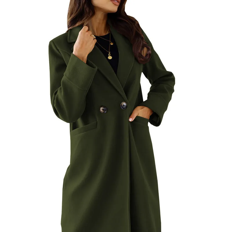 Women's Simple Double Breasted Long Sleeve Turn-down Collar Coat