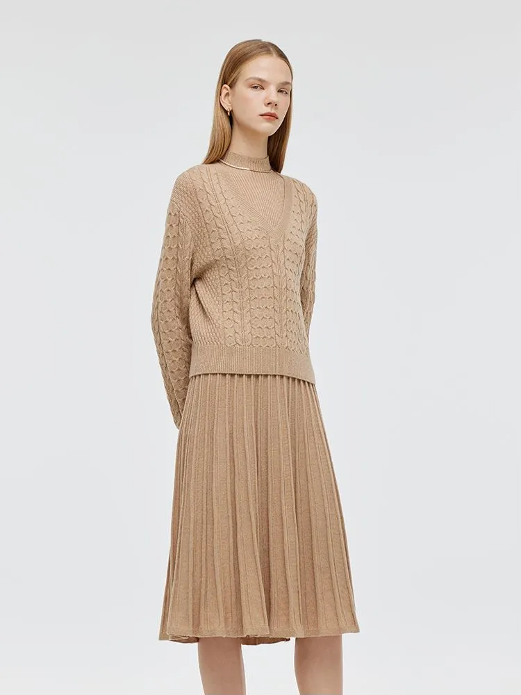 Wool V-Neck Women Sweater And Sleeveless Midi Dress Two-Piece Set