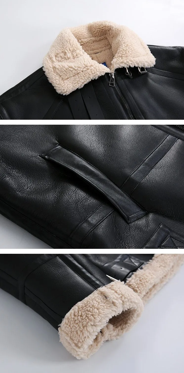 xiangtuibao - FAUX SHEARLING LEATHER JACKET