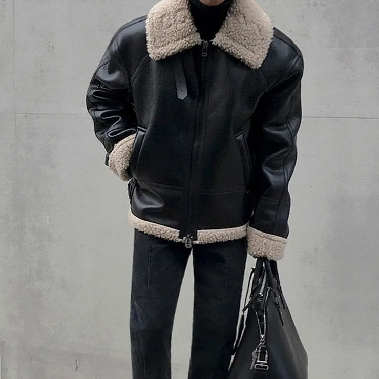 xiangtuibao - FAUX SHEARLING LEATHER JACKET