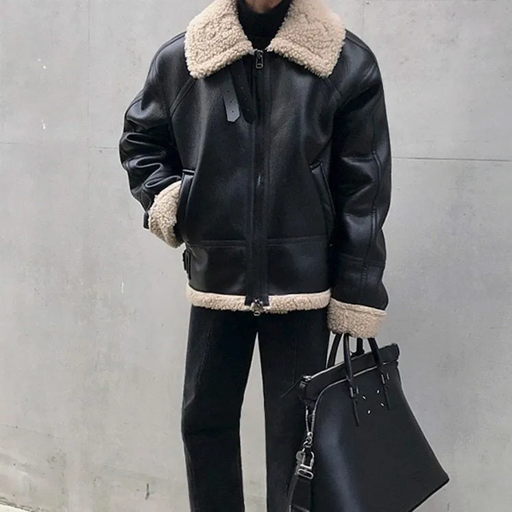 xiangtuibao - FAUX SHEARLING LEATHER JACKET