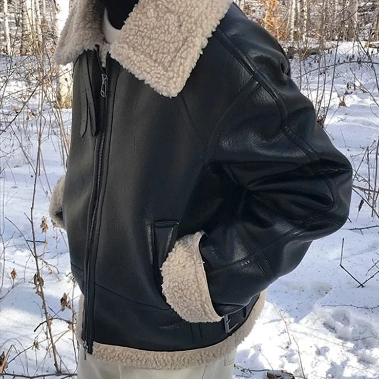 xiangtuibao - FAUX SHEARLING LEATHER JACKET