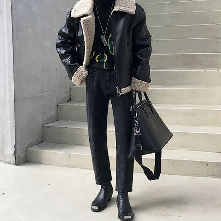 xiangtuibao - FAUX SHEARLING LEATHER JACKET