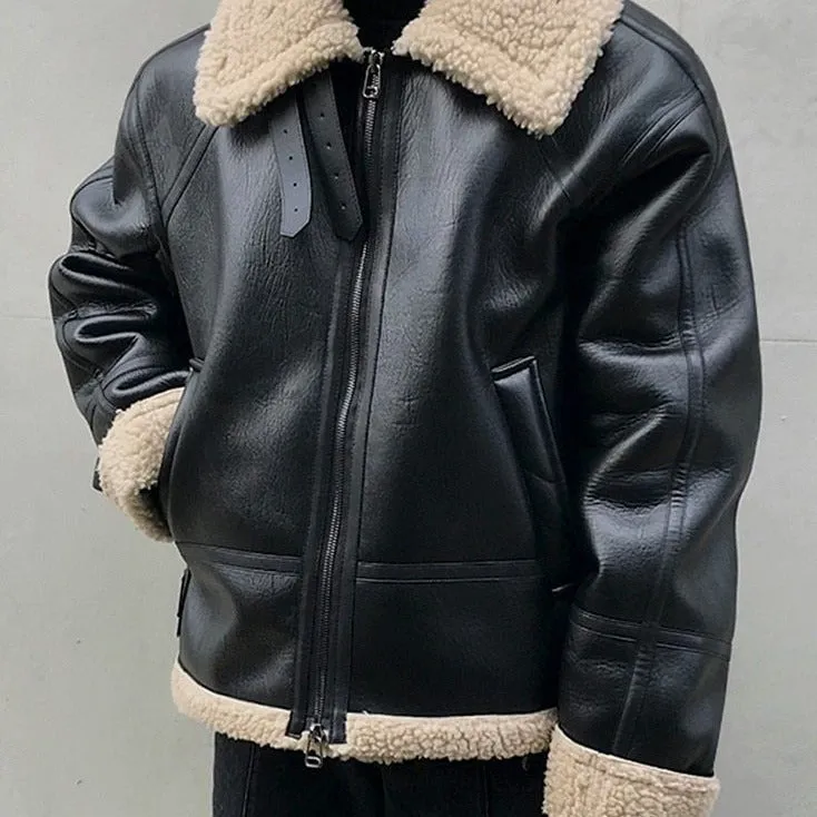 xiangtuibao - FAUX SHEARLING LEATHER JACKET