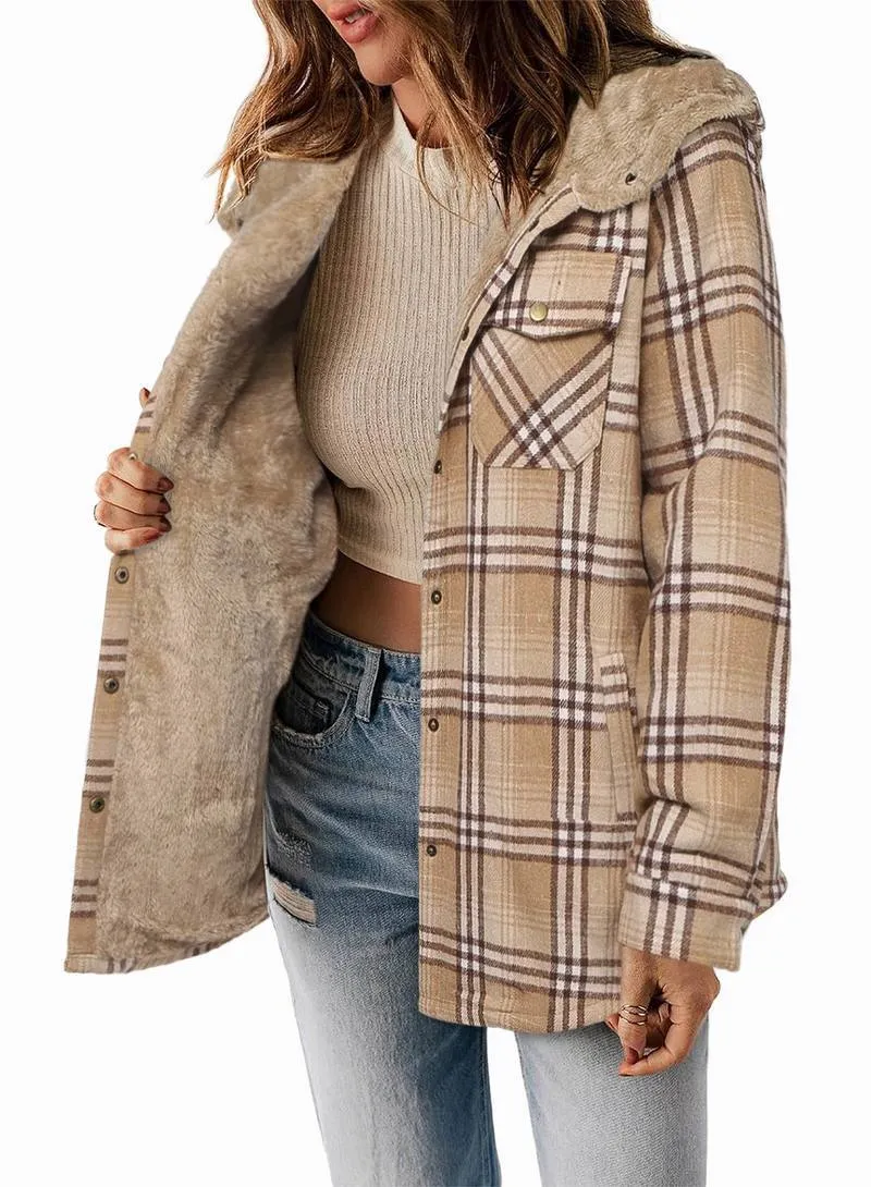 Zeagoo Womens Plaid Shacket Jacket Long Sleeve Fleece Hooded Jackets