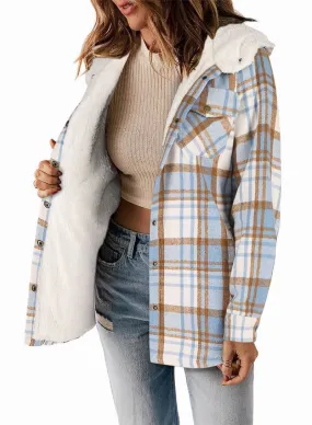 Zeagoo Womens Plaid Shacket Jacket Long Sleeve Fleece Hooded Jackets