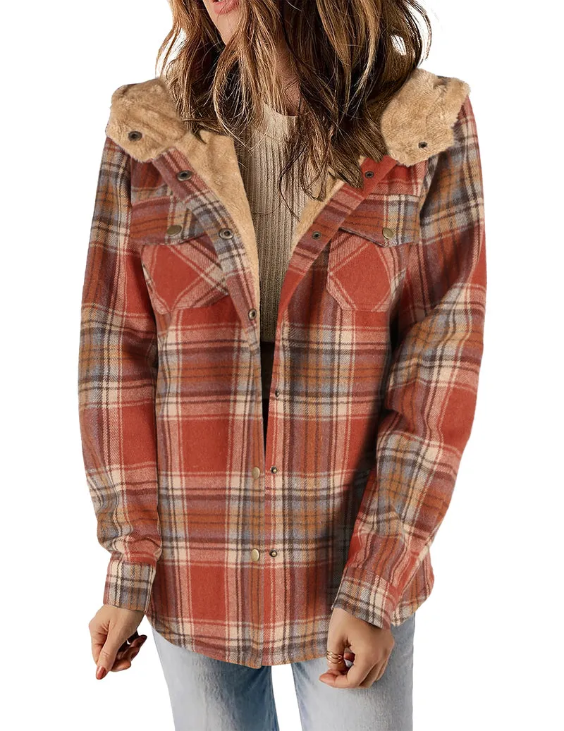 Zeagoo Womens Plaid Shacket Jacket Long Sleeve Fleece Hooded Jackets