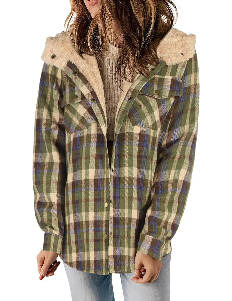 Zeagoo Womens Plaid Shacket Jacket Long Sleeve Fleece Hooded Jackets