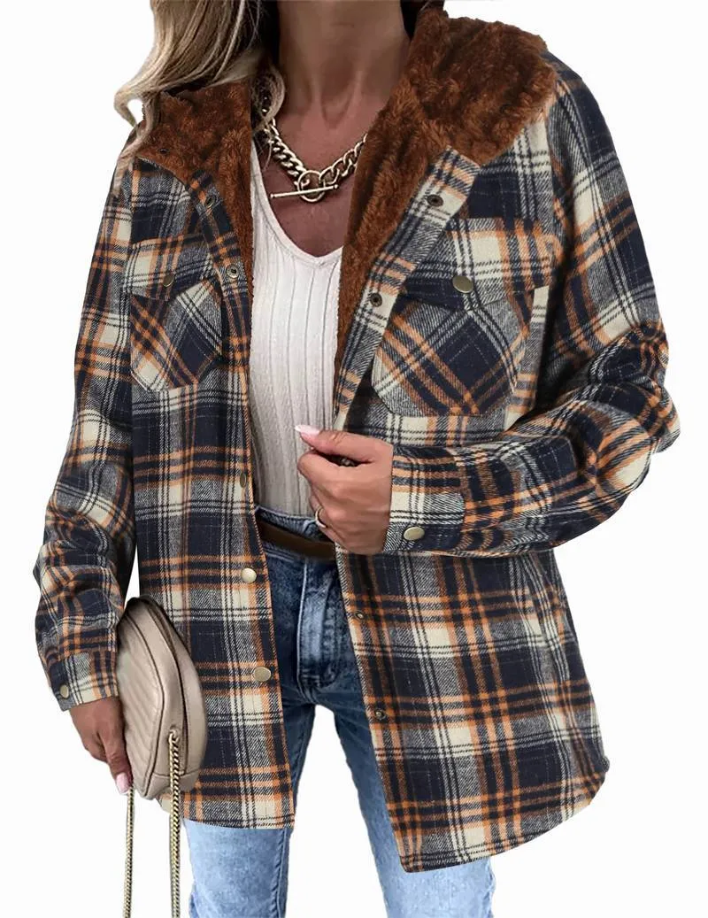 Zeagoo Womens Plaid Shacket Jacket Long Sleeve Fleece Hooded Jackets