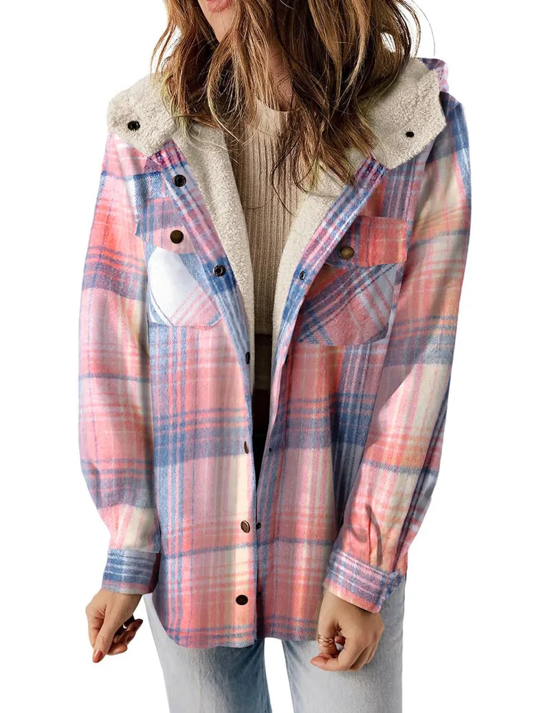 Zeagoo Womens Plaid Shacket Jacket Long Sleeve Fleece Hooded Jackets