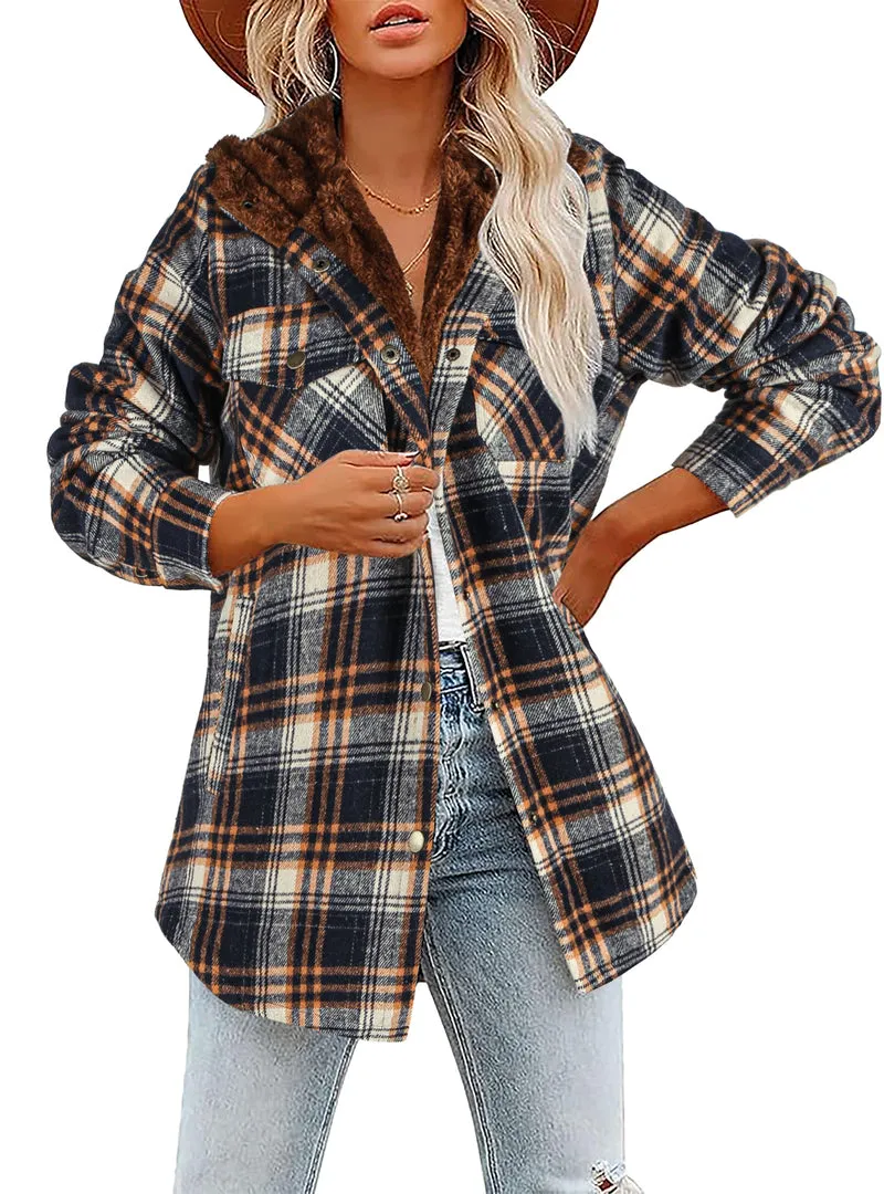 Zeagoo Womens Plaid Shacket Jacket Long Sleeve Fleece Hooded Jackets