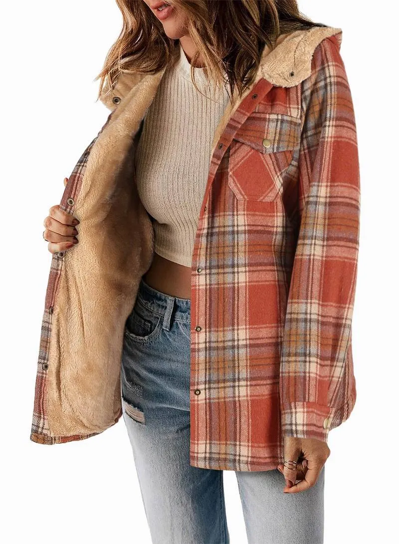 Zeagoo Womens Plaid Shacket Jacket Long Sleeve Fleece Hooded Jackets