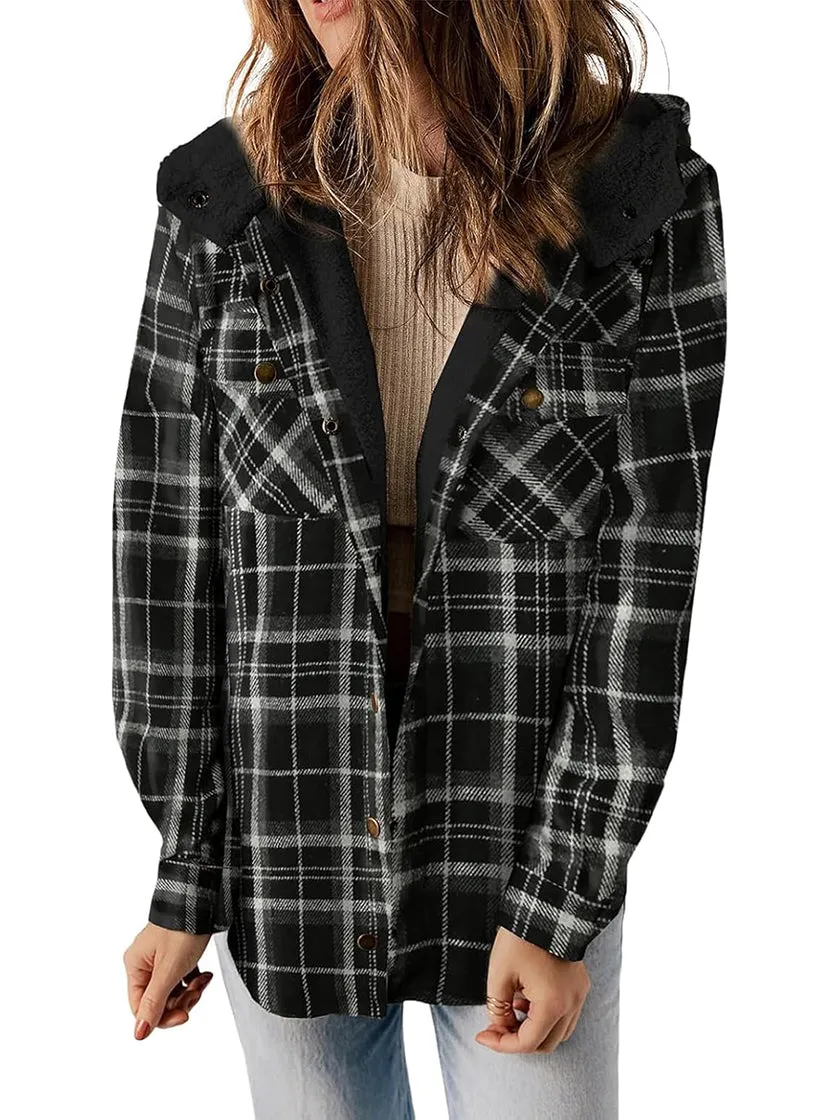 Zeagoo Womens Plaid Shacket Jacket Long Sleeve Fleece Hooded Jackets