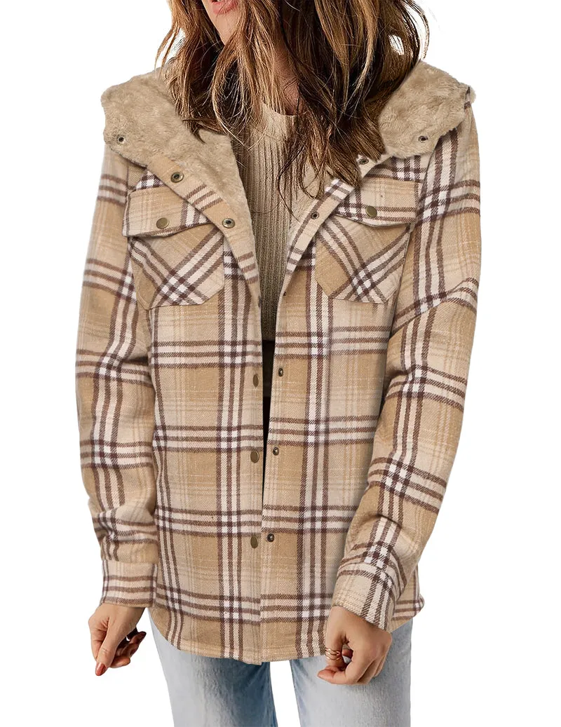 Zeagoo Womens Plaid Shacket Jacket Long Sleeve Fleece Hooded Jackets