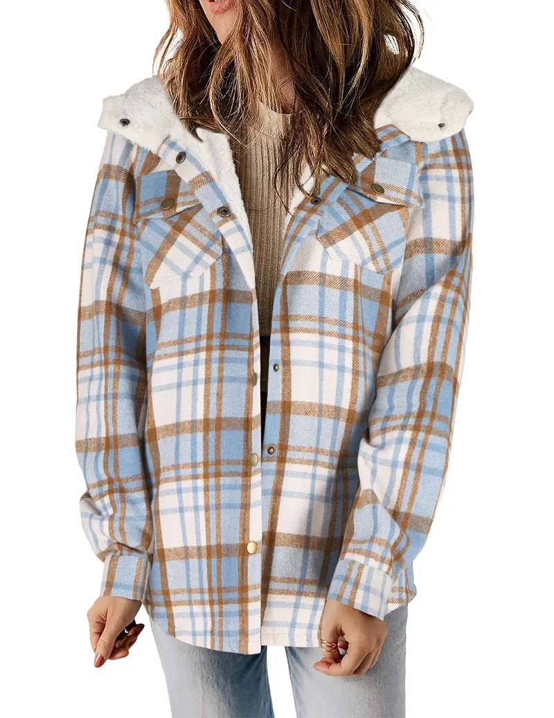 Zeagoo Womens Plaid Shacket Jacket Long Sleeve Fleece Hooded Jackets