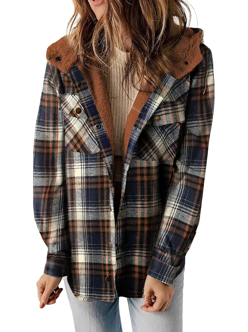 Zeagoo Womens Plaid Shacket Jacket Long Sleeve Fleece Hooded Jackets