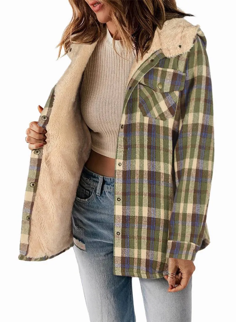 Zeagoo Womens Plaid Shacket Jacket Long Sleeve Fleece Hooded Jackets